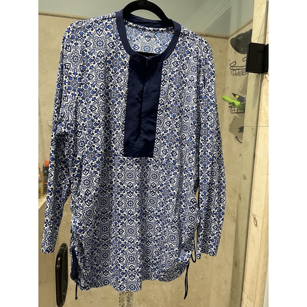 Lands' End Long Sleeve Swim Tunic 497439 Deep Sea Mix Cover Up Sz 2x Plus Blue
